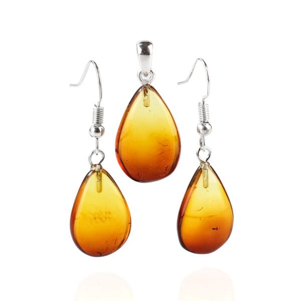 Lašo formos „Ombre“ gintaro pakabukas ir auskarai